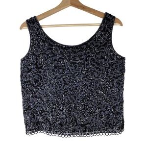Vintage Stephen Chu Beaded Sweater Factory Women's M Black Sleeveless Sequin Top